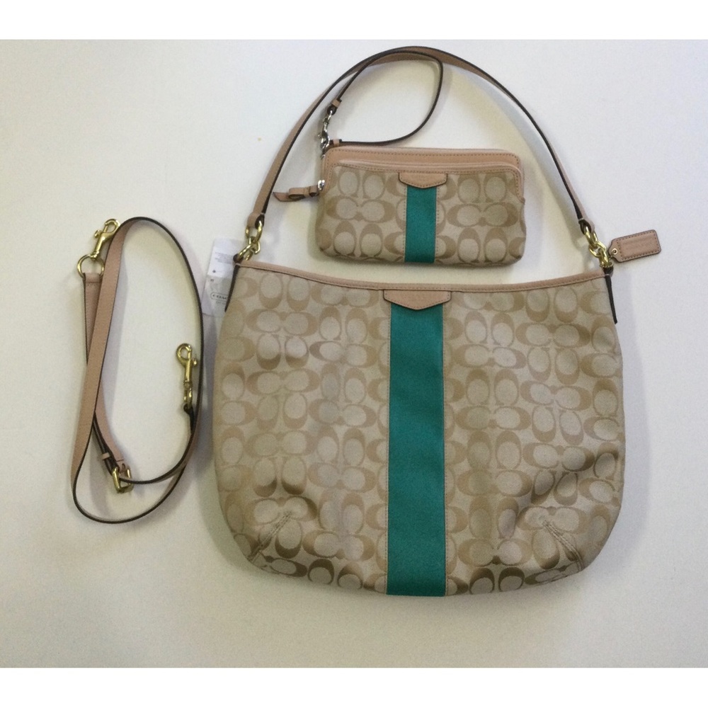 NWT Coach Signature Stripe Khaki Emerald Hobo Crossbody and Wristlet Bundle